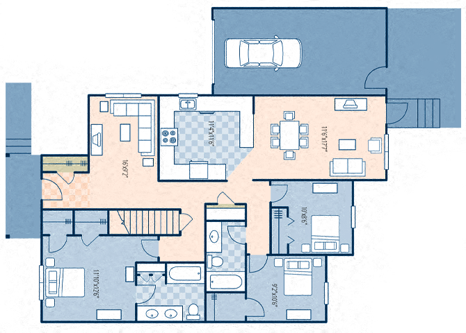 Floor plan for 3 beds, 2 baths, 1305 sqft